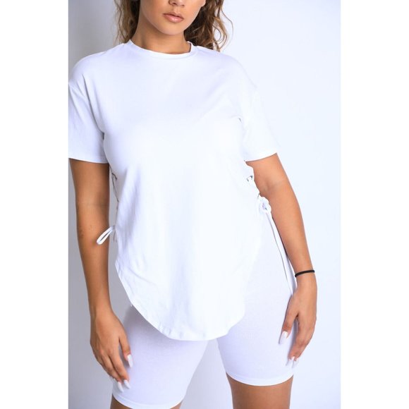Women's White Short Sleeve Crew Neck Side Tie Pointed Top And Shorts Set S, M, L - Picture 10 of 10
